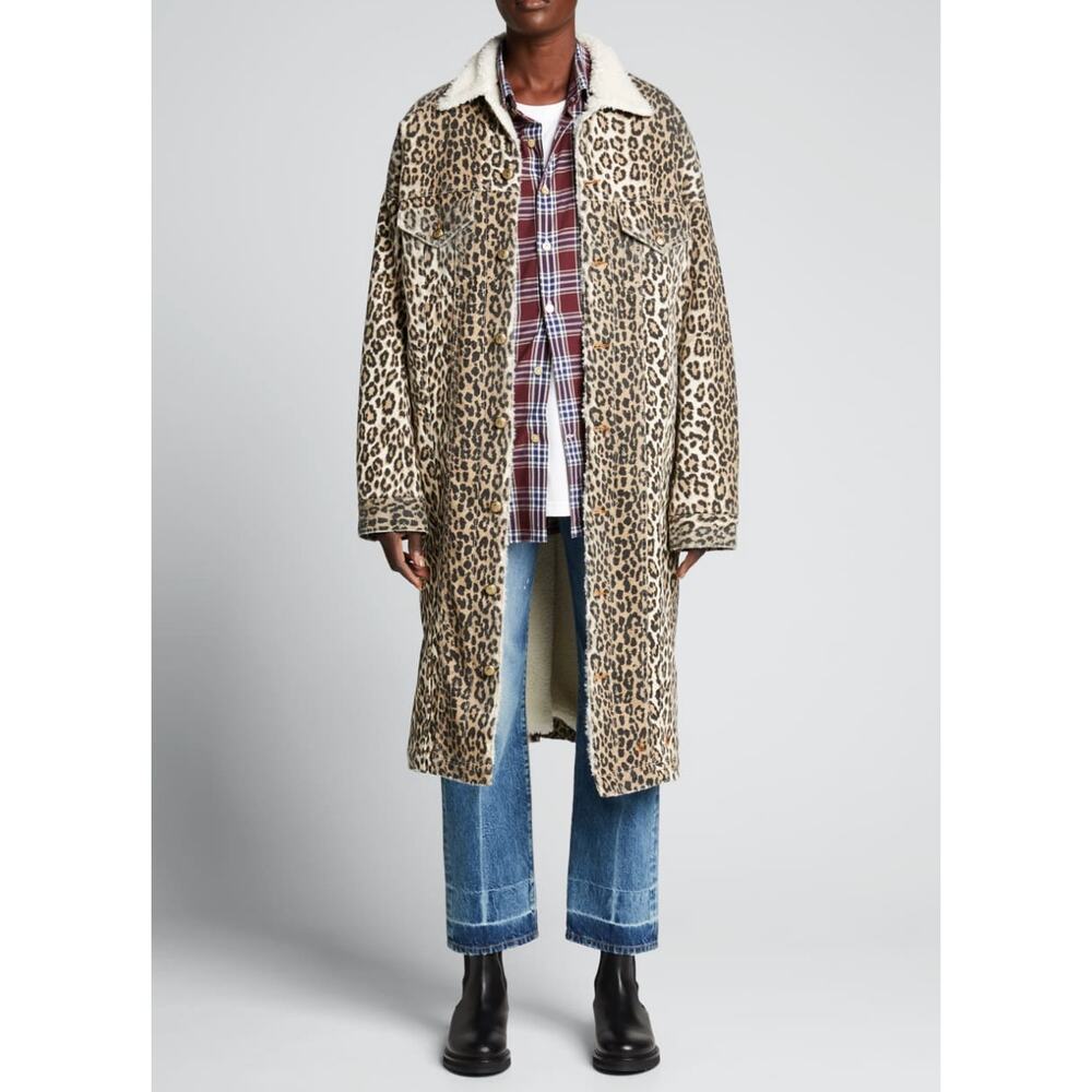 NWT $1195 R13 Mens Lyle Sherpa Lined Leopard Trucker Coat Jacket Size M